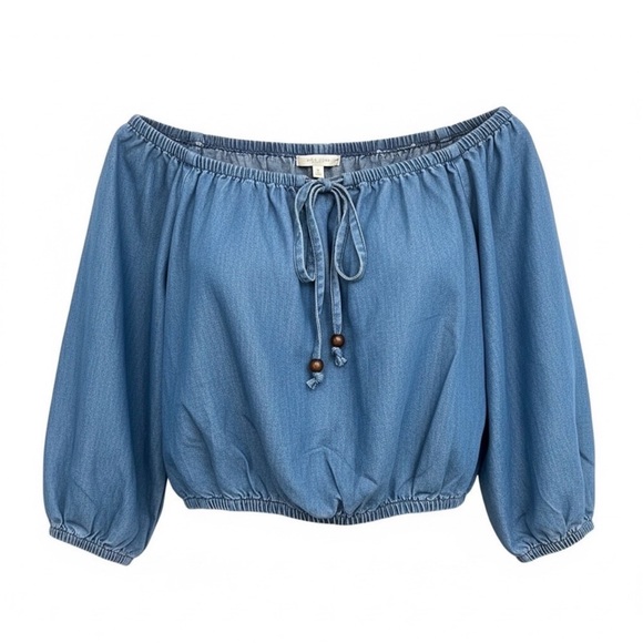 Elegant Off-Shoulder Cropped Denim Blue Blouse - Picture 2 of 2